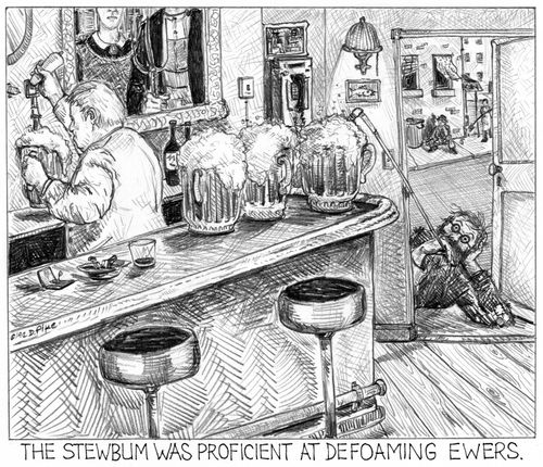 'The stewbum was proficient at defoaming ewers.'