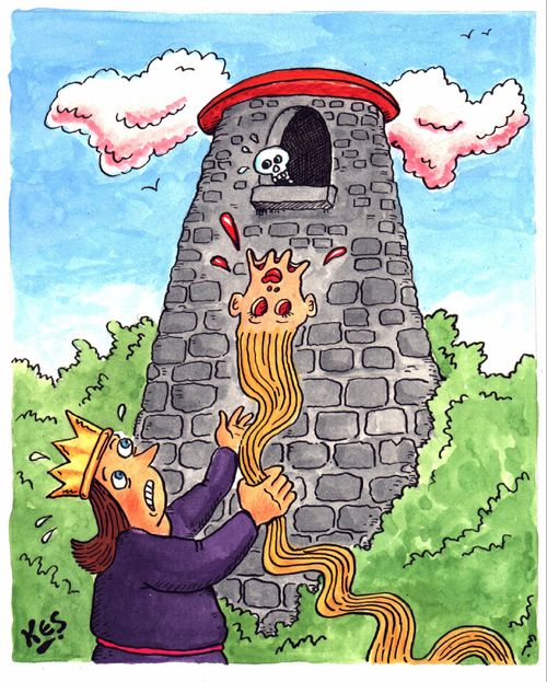 Prince pulls whole hair and face off of Rapunzel's head.