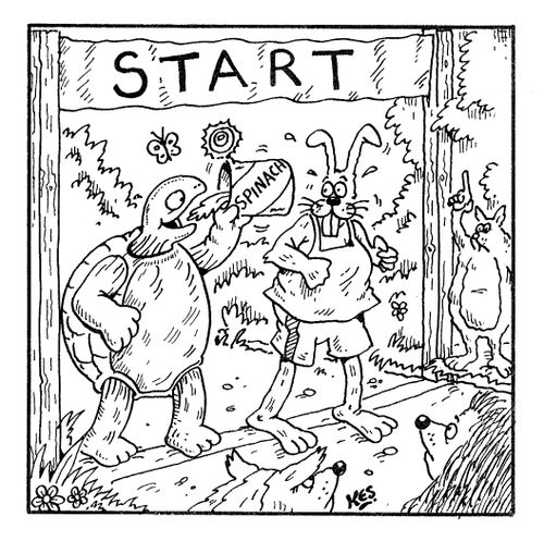 Tortoise eats spinach in order to compete with hare.
