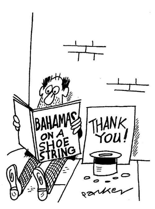 Beggar reading 'Bahamas on a shoe string'