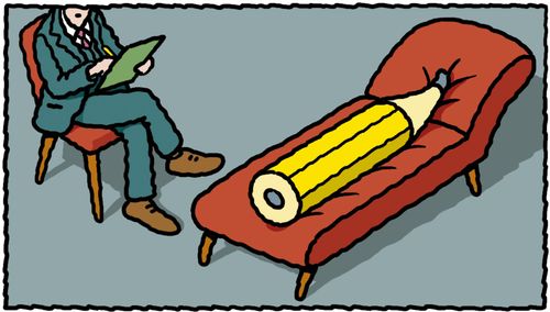 'Pencil on couch being psycho analysed.'