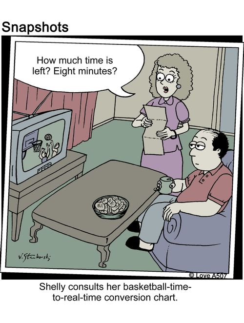 Shelly consults her basketball-time-to-real-time conversion chart.