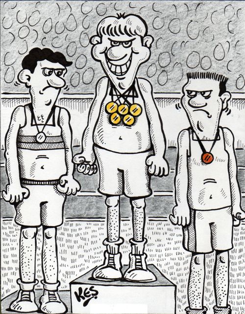 Medalist wears five gold medals to form olympic rings.