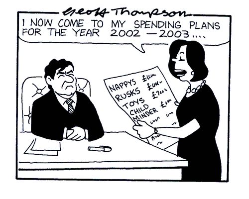 'I now come to my spending plans for the year 2002 - 2003...' (list features nappy's,rusks,toys,childminder).
