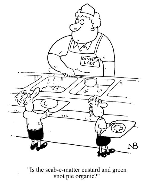 'Is the scab-e-matter custard and green snot pie organic?'
