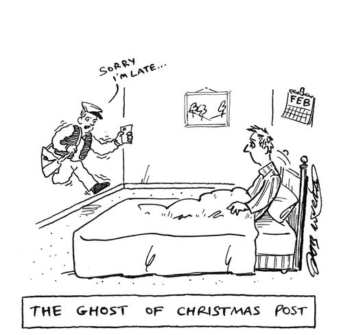The Ghost of Christmas Post - a floating postman appears from a man's bedroom wall, two months late delivering his Christmas mail.
