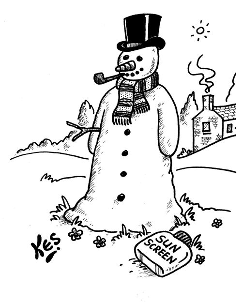 Snowman survies hot weather by using sun screen.