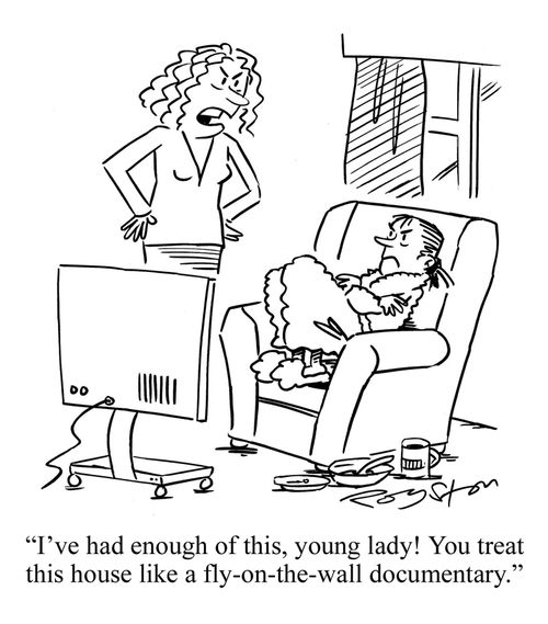 Mother says to surly teenage daughter: 'I've had enough of this, young lady! You treat this house like a fly-on-the-wall documentary.'