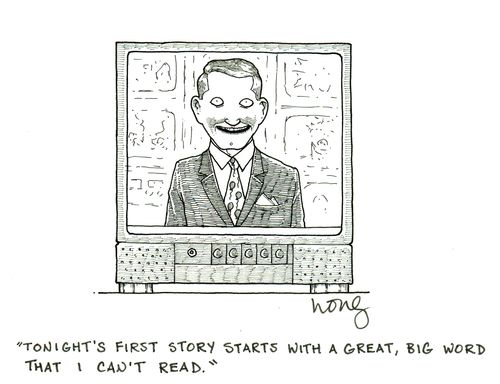 'Tonight's first story starts with a great, big word that I can't read.'