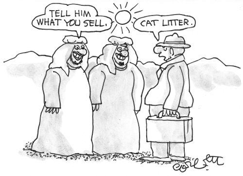 Arabs are amused at man selling cat litter in desert.
