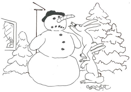 Rabbits attempt to steal snowman's carrot nose.