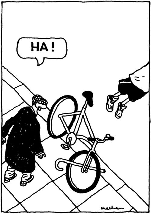 'HA!' Cyclist riding on pavement thwarted by old man.