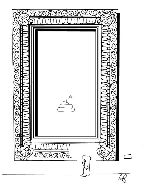 A man contemplates the elaborate exhibition of a picture of a poo.