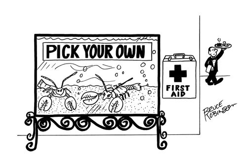 PICK YOUR OWN sign above lobster tank in restaurant with a FIRST AID kit beside the tank.