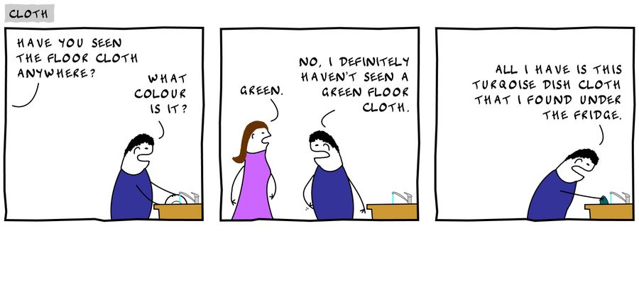 'Have you seen the floor cloth anywhere?' - 'What colour is it?' - 'Green.' - 'No, I definitely haven't seen a green floor cloth.' - 'All I have is this turqoise dish cloth that I found under the fridge.'