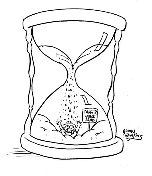 Man in hourglass is falling through quicksand.