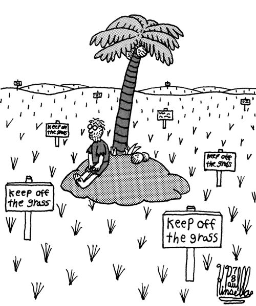 Desert Island in the midst of a lawn dotted with 'Keep of the Grass' signs.