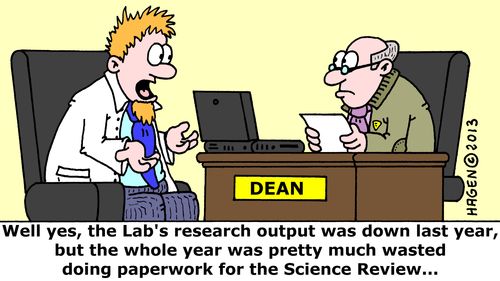 'Well yes, the Lab's research output was down last year, but the whole year was pretty much wasted doing paperwork for the Science Review...'