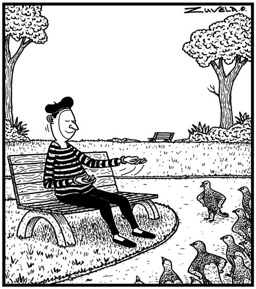 A Mime Artist pretending to feed the pigeons.