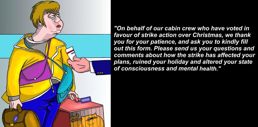 'On behalf of our cabin crew who have voted in favour of strike action over Christmas. . . kindly fill out this form. Please send us your questions and comments about how the strike has effected your plans, ruined your holiday. . .'