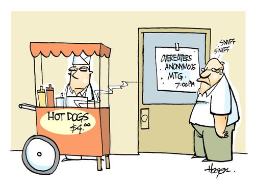 Overeaters Anonymous Meeting - Hot dog stand by door.