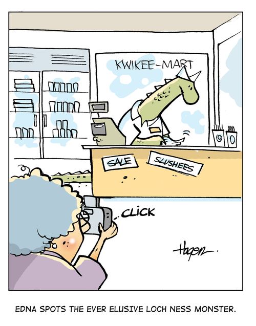 Edna spots the ever elusive Loch Ness Monster.
