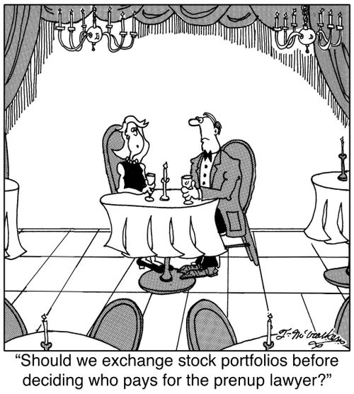 'Should we exchange stock portfolios before deciding who pays for the prenup lawyer?'