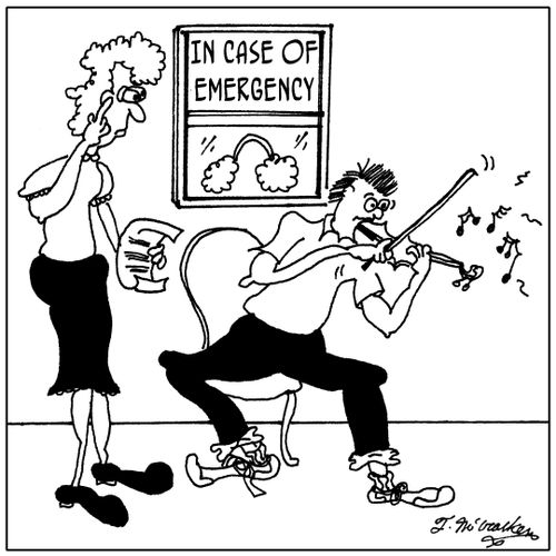 In Case of Emergency' a music teacher looks at a big set of earplugs.