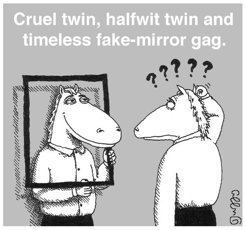 Cruel twin, half wit twin and timeless fake-mirror gag.