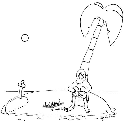 Man on desert island with a chess set.