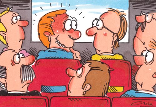 Embarrassed man is looked at by everyone in theatre