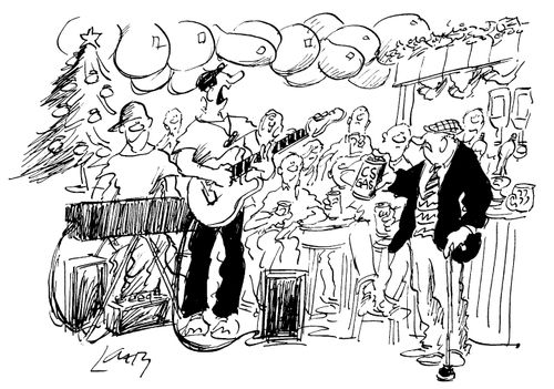Old man in pub threatening the live band with CS gas
