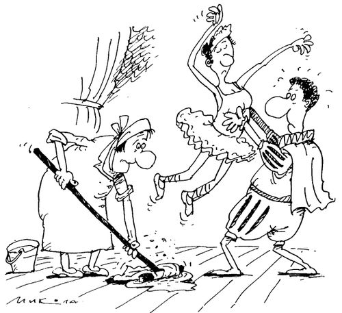 Cleaner cleaning under the feet of the dancers as they perform