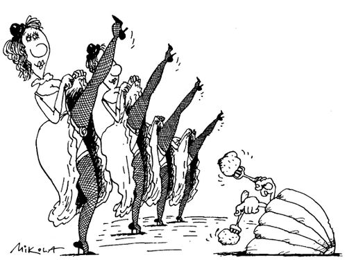 Man in orchestra pit making bread rolls dance,Chaplin style, to direct Can-Can dancers