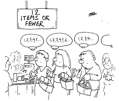 People counting each others shopping at 12 items of fewer checkout.