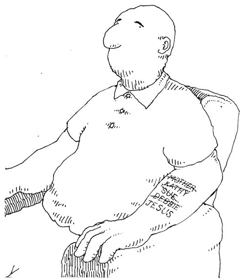 Man with various tattooed names crossed out and replaced with Jesus