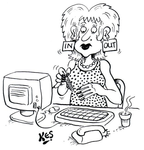 Secretary is filing her nails and wears ear rings which read, 'IN' and, 'OUT'.