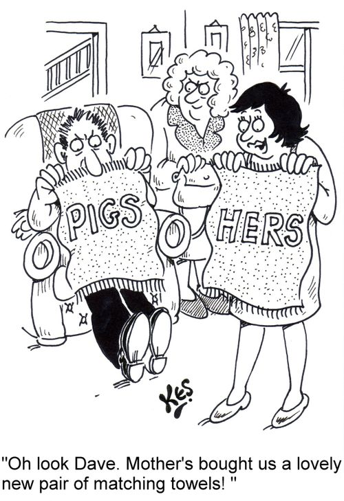 'Oh look Dave. Mother's bought us a lovely new pair of matching towels! '