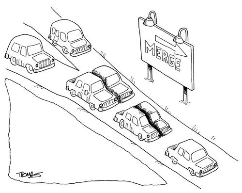 At fork in road, cars merge into one.