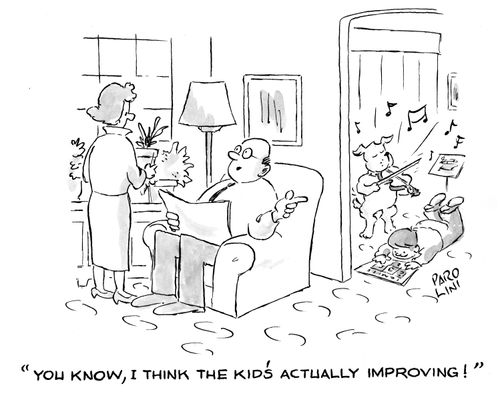 'You know, I think the kid's actually improving!' (dog is playing the violin).