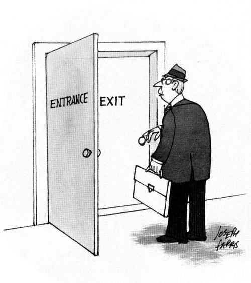 Open entrance door to find exit door directly behind it.