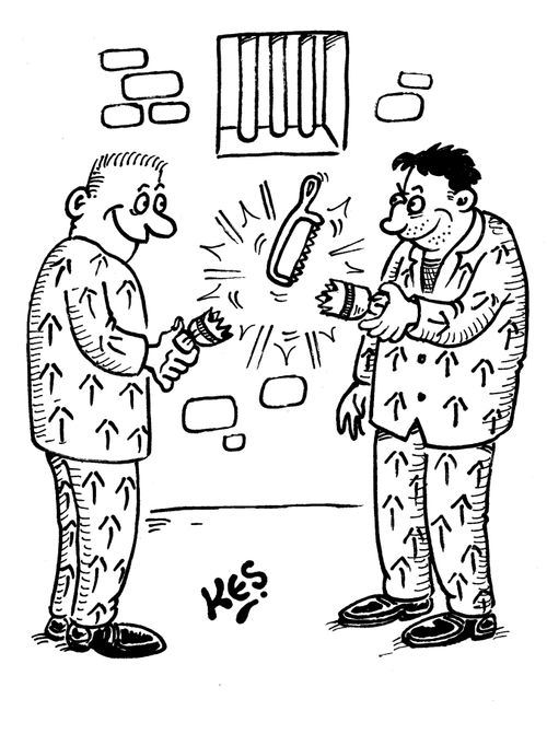 Two prisoners pull a Christmas cracker, the free gift is a hacksaw.