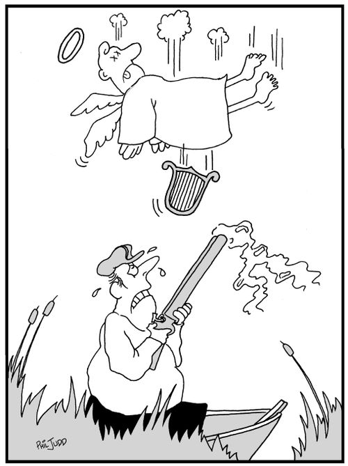Hunter looking frightened with smoking gun. Angel dropping out of the sky.
