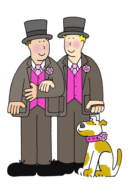 Two grooms in top hats and a dog.