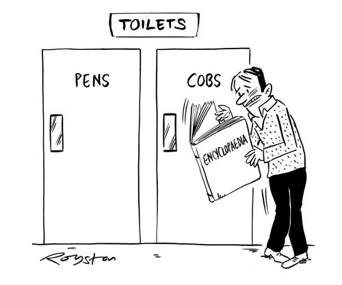 Man uses encyclopaedia to try to decipher trendy signs for toilets in pub: pens and cobs