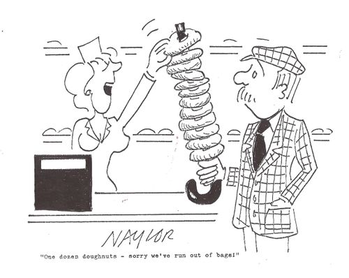 'One dozen doughnuts - sorry we've run out bags!'