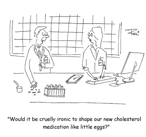 'Would it be cruelly ironic to shape our new cholesterol medication like little eggs?'