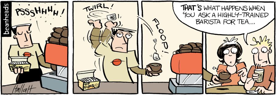 Coffee Cartoon - Barista makes tea.