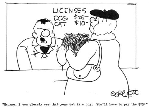 'Madame, I an clearly see that your cat is a dog.  You'll have to pay the $25.'