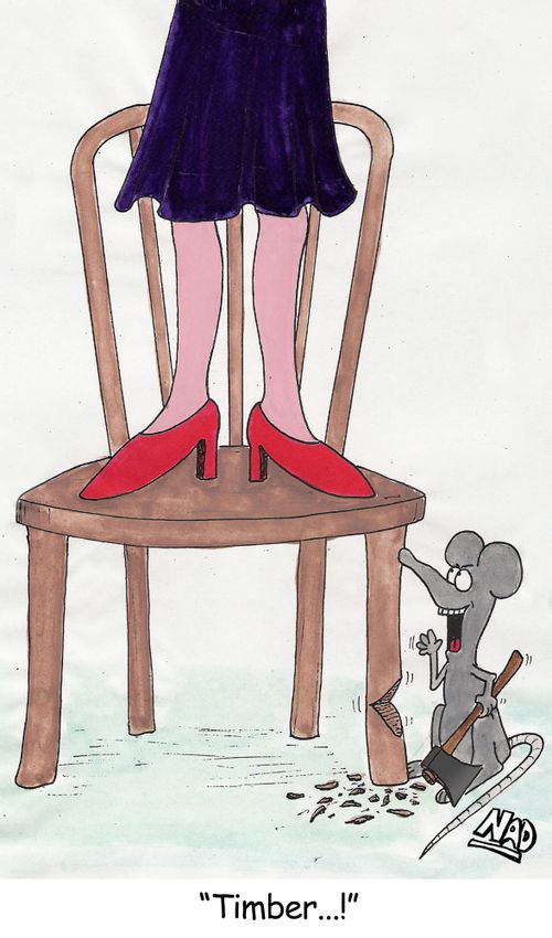 A mouse has cornered a lady on a chair and is cutting down one of the legs with an axe - 'Timber!'